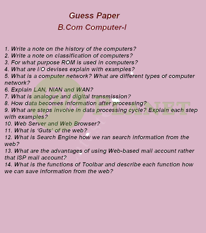 Computer Guess Paper B.Com part 1