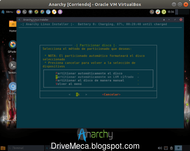 Elegimos entre automatico o manual para el particionado de disco Elegimos entre automatico o manual para el particionado de disco