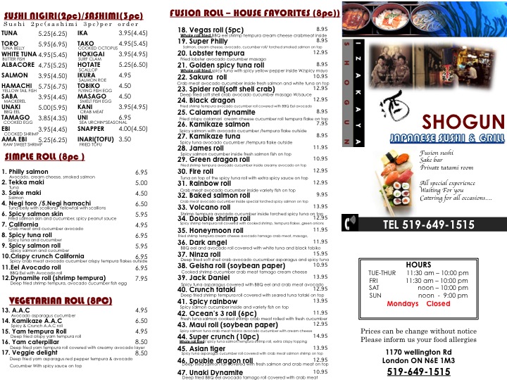 Izakaya Shogun Japanese Sushi & Grill menu