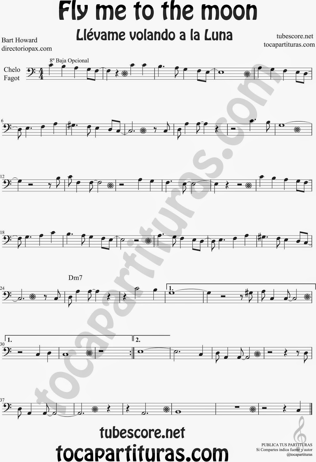 Fly me to the Moon Partitura de Violonchelo y Fagot Sheet Music for Cello and Bassoon Music Scores