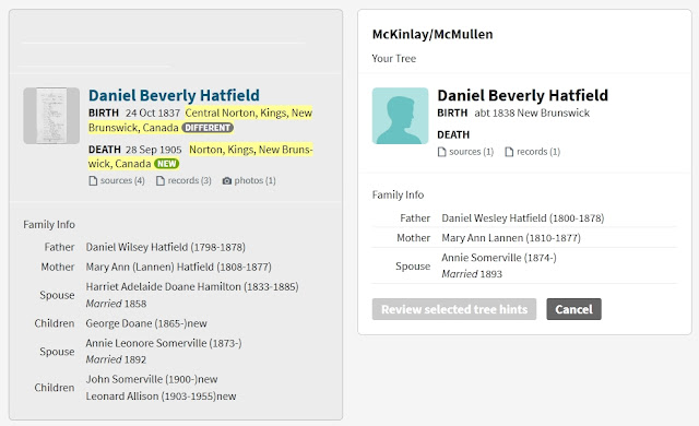 Screen capture from a specific Ancestry Member Tree hint for Daniel Beverly Hatfield