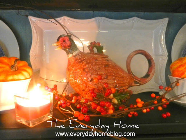 pumpkins, pheasants, Fall, berries, millet, candles, Autumn, Table, Tablescape, dishes