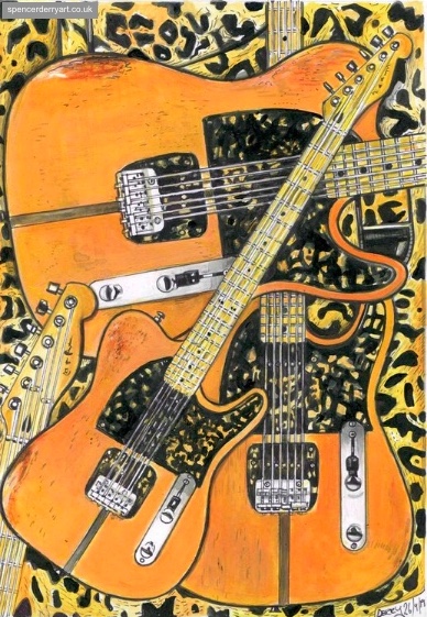 Original Art Illustration of a Madcat Telecaster Electric Guitar Acrylic paint and pen with paper. Artwork created by Artist Spencer J. Derry.