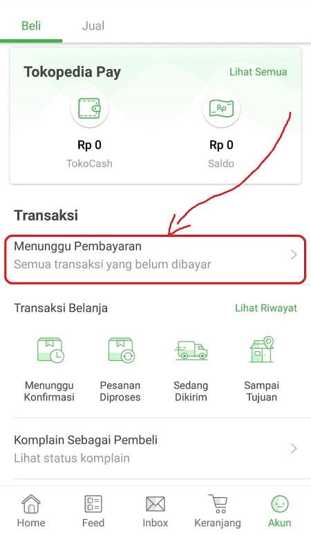 Klik Menu Menunggu Pembayaran di Tokopedia Klik Menu Menunggu Pembayaran di Tokopedia