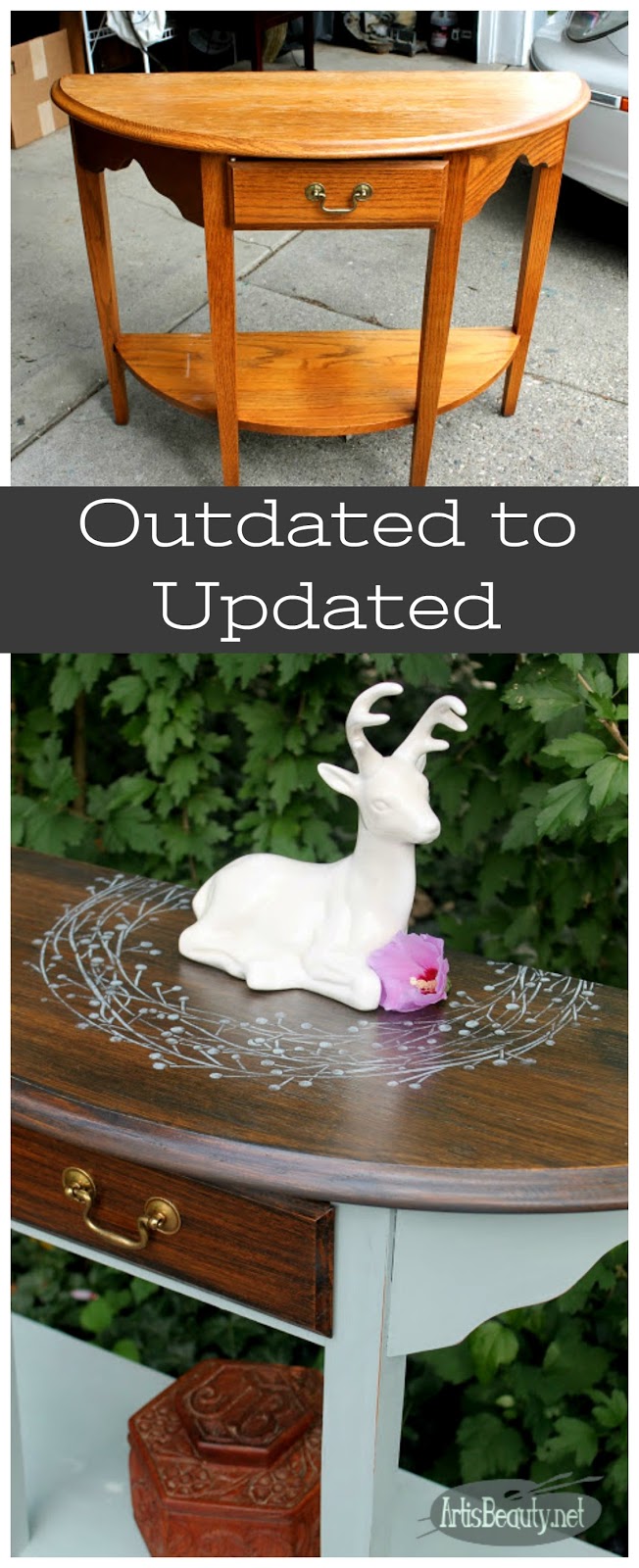 ART IS BEAUTY Outdated 80s Golden Oak Half Table Updated with Deco Art Vintage Effects Wash Paint