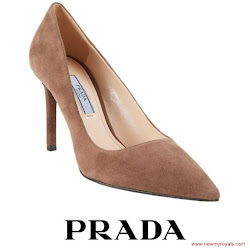 Sophie, Countess of Wessex Style PRADA Suede Pumps  and EMILIA WICKSTEAD Midi Suit 