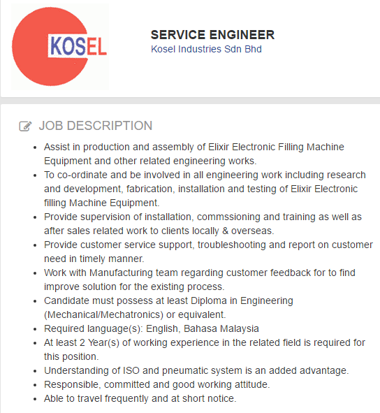 Oil &Gas Vacancies SERVICE ENGINEER Kosel Industries Sdn BhdPenang