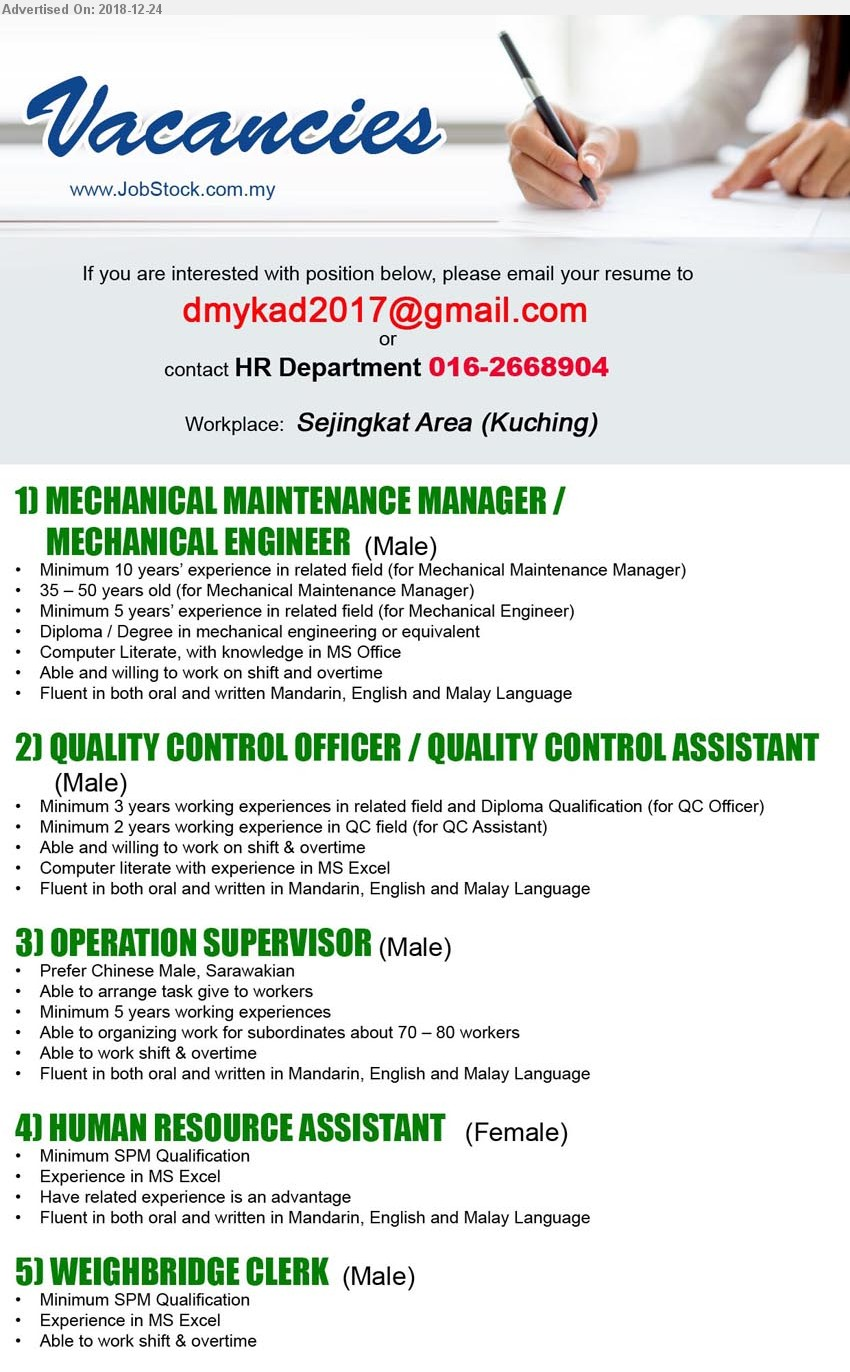 Oil &Gas Vacancies VACANCIES KUCHING
