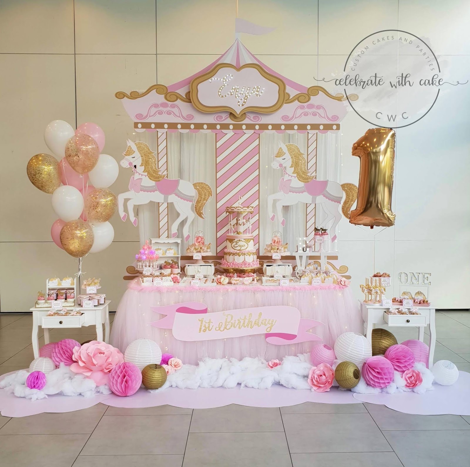 Celebrate With Cake Rotating Carousel 1st Birthday Dessert Table celebrate-with-cake-rotating-carousel-1st-birthday-dessert-table