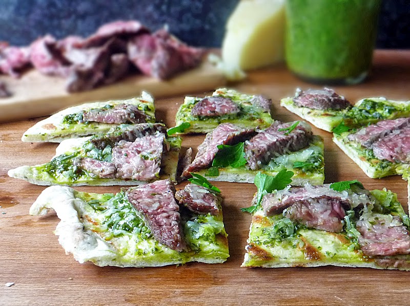 Grilled Steak Flatbread | by Life Tastes Good is homemade flatbread grilled and topped with chimichurri sauce, steak, and Manchego Cheese #Pizza #FWCon