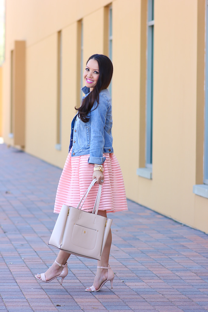 Ann Taylor signature pebbled tote BP leaf necklace BP luminate nude sandals Chicwish glam stripes cutout midi skirt in peach Loft petite denim jacket Loft scalloped lace tee peach flare skirt petite spring outfit Ily Couture double wrap pearl bracelet