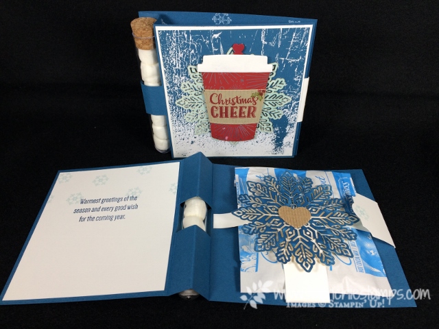 Merry Cafe, Every Good Wish, Hot Chocolate Card, Card Closure, Stampin'Up!, Coffee Cups Framelits, Frenchiestamps, Foil Snowflake, Treat Tube,