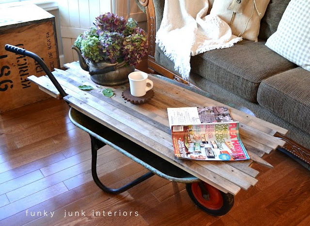 Learn how to make this gutsy wheel barrow coffee table with scrap wood! Easy and assembled in minutes! Click for full tutorial. #repurpose #upcycle #coffeetable