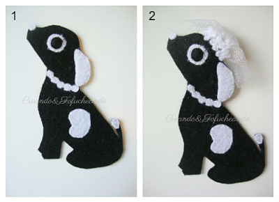 Los adornos para la perrita novia son un collar y el velo