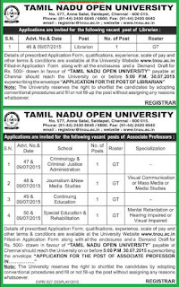 TNOU Chennai Librarian and Associate Professor Recruitments 2015 : Tamil Nadu Open University Employment Notification for Teaching Posts