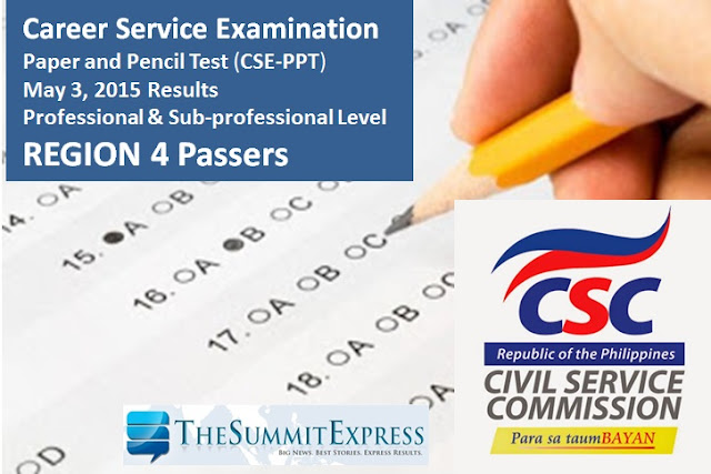 List of Passers: May 2015 Civil service exam (CSE-PPT) results Region 4