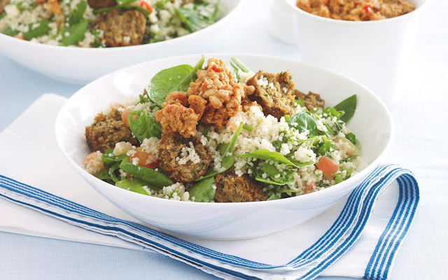 Falafel and tabouli couscous Falafel and tabouli couscous in a serving bowl