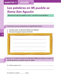 Apoyo Primaria Español 2do grado Bloque 3 lección 15 Las palabras en Mi pueblo se llama San Agustín