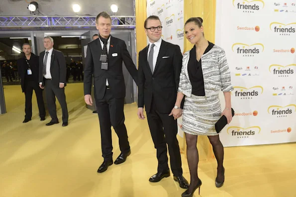 Princess Victoria wore a white and silver skirt and matching jacket, with a black satin top, from Swedish label Hunkydory