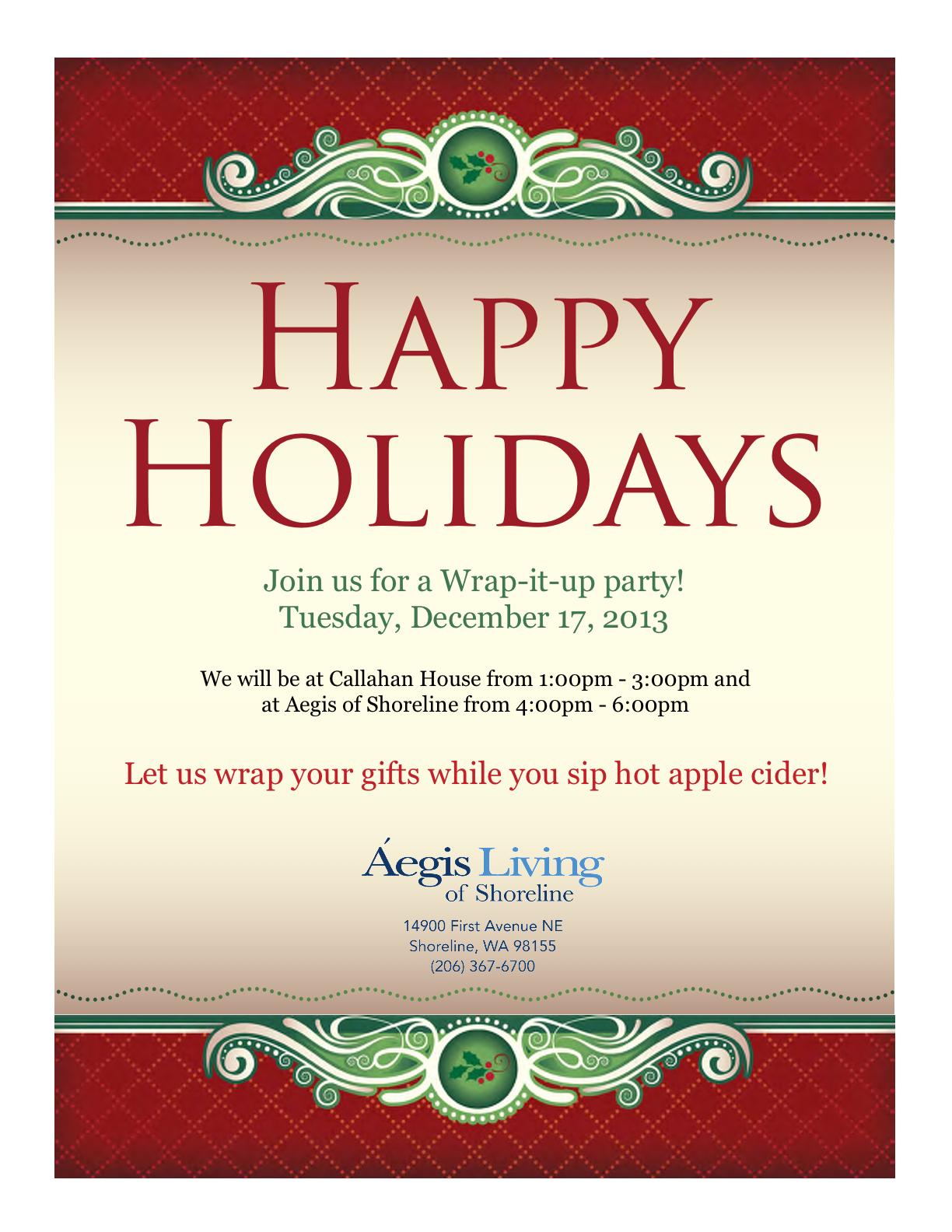 Shoreline Area News: Wrapping party at Aegis of Shoreline Dec 17