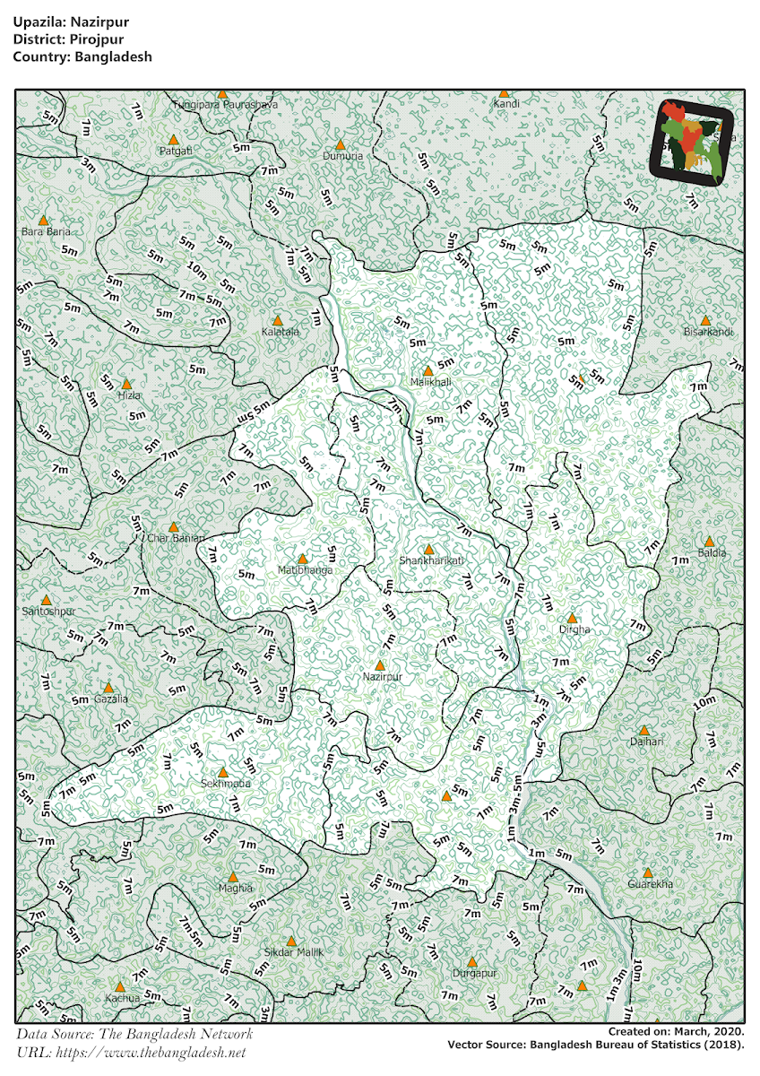 Nazirpur Upazila Elevation Map Pirojpur District Bangladesh