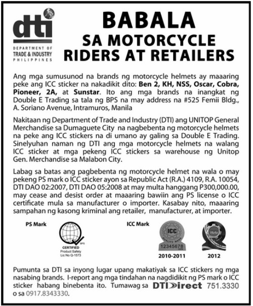 DTI MOTORCYCLE DRIVERS CAN SECURE ICC/PS HELMET starting AUGUST 1