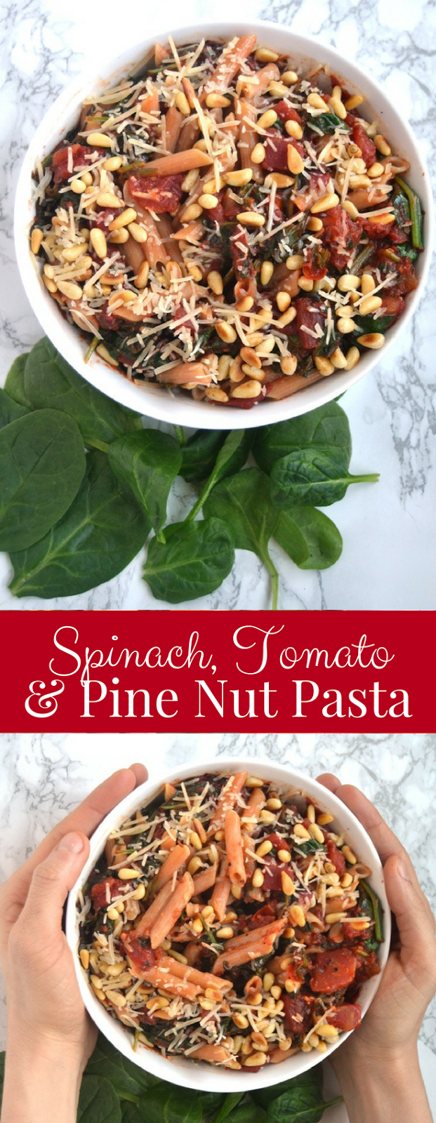 Spinach, Tomato and Pine Nut Pasta takes 15 minutes to make and is loaded with sauteed spinach and fire roasted tomatoes, toasted pine nuts and shredded Parmesan cheese!  www.nutritionistreviews.com