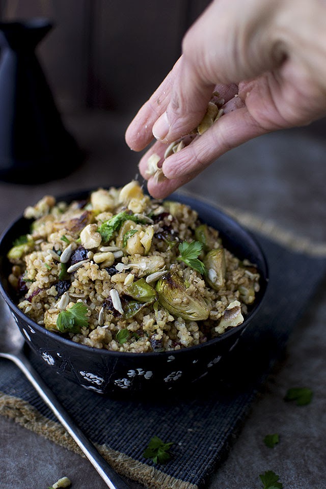 Warm Millet Salad with Brussels Sprouts, dried Cranberries and Walnuts
