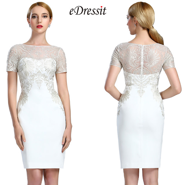 White Short Sleeves Lace Appliques Cocktail Dress