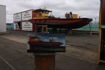 plein air oil painting of the 'Poolya' work boat at Glebe Island by artist Jane Bennett