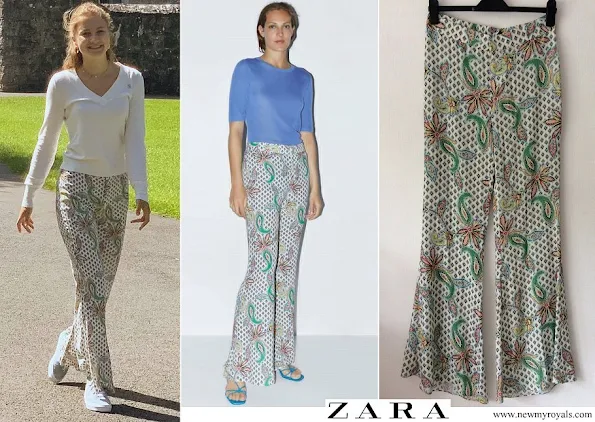 Crown Princess Elisabeth wore Zara pink and blue paisley floral print flared trousers