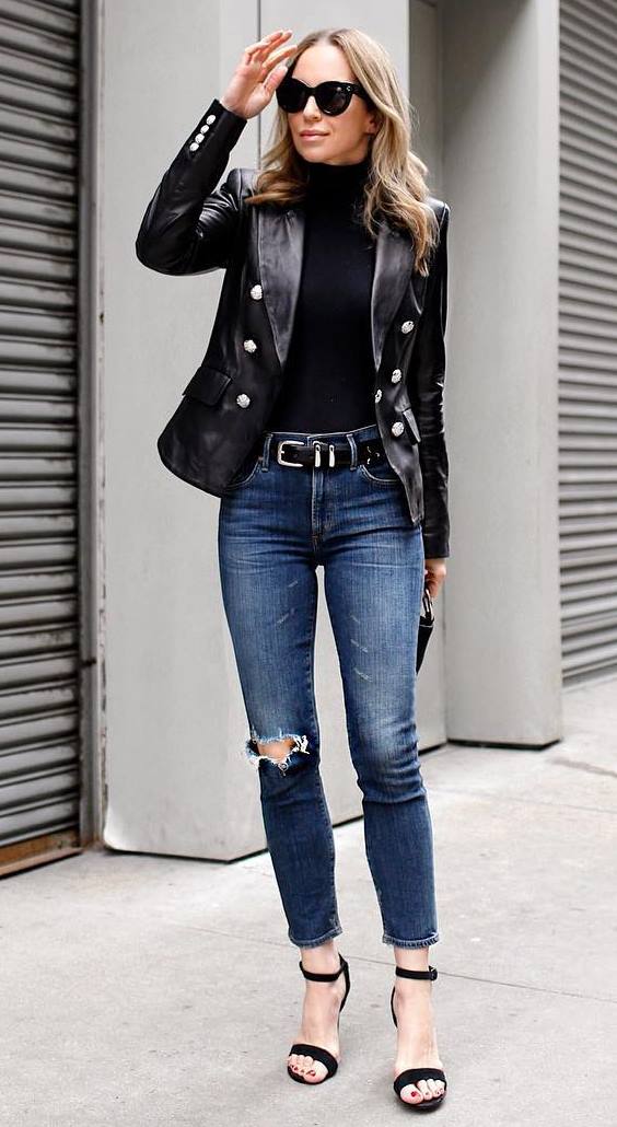 fall fashion trends / heels + skinnies + bag + leather jacket + top