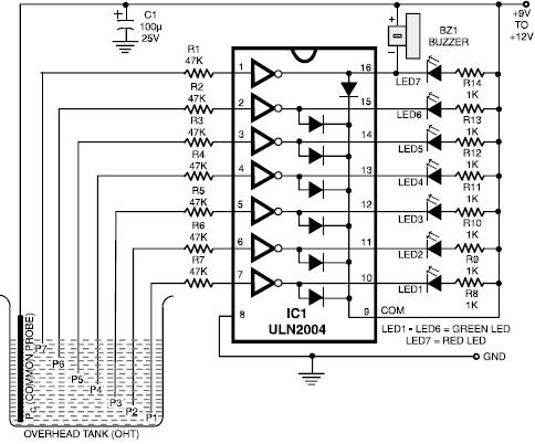 circuit diagram: ULN2004 Water Level Indicator