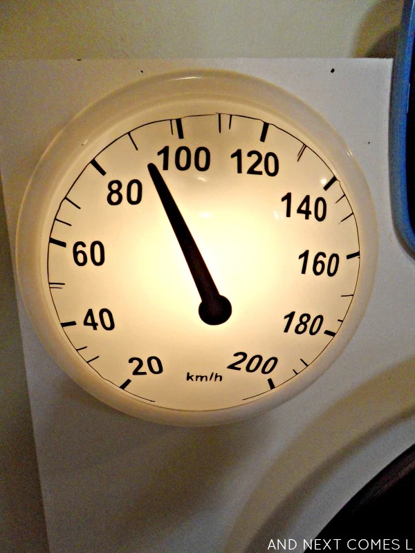 Gauge on a DIY car dashboard sensory board for kids from And Next Comes L