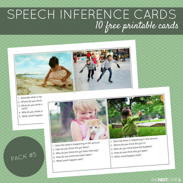 10 free printable speech therapy inference cards for kids with autism and/or hyperlexia from And Next Comes L