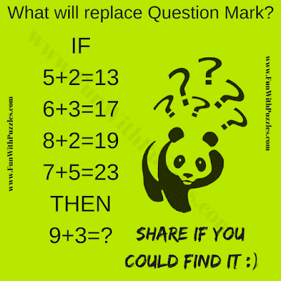 If 5+2=13, 6+3=17, 8+2=19, 7+5=23 Then 9+3=?. Can you solve this Critical Thinking Logical Visual Puzzle?