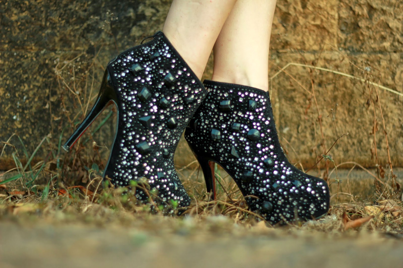 Black rhinestone embellished ankle boots 
