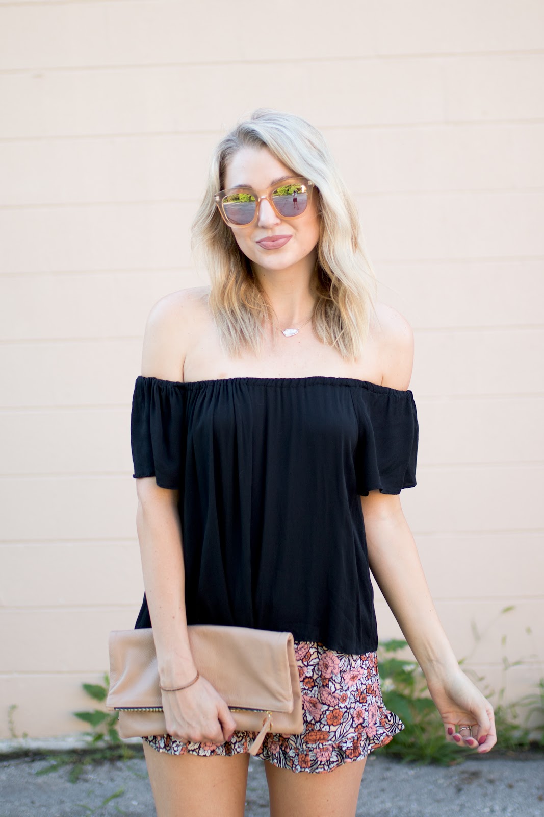 Off-the-shoulder top + ruffled shorts