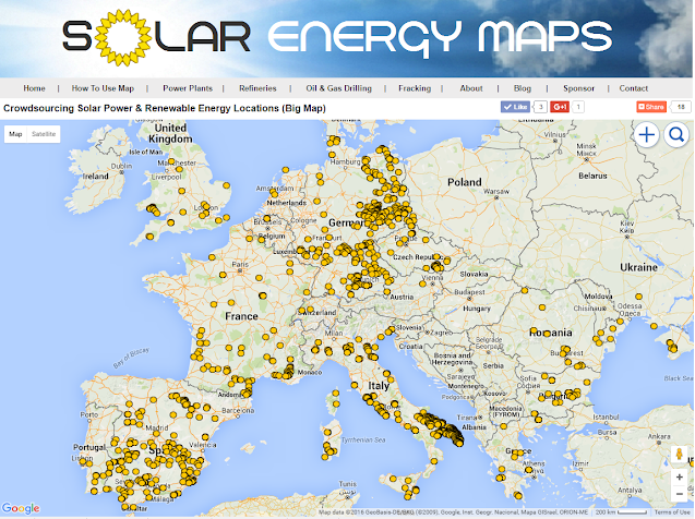 Map of solar energy in Spain, France, UK, Italy, Greece, Germany, Austria, Netherlands, Romania & Turkey.