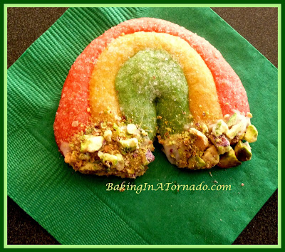 Lucky Rainbow Cookies, multicolored cookies with a pistachio crunch | Recipe developed by www.BakingInATornado.com | #recipe #cookies #StPatricksDay