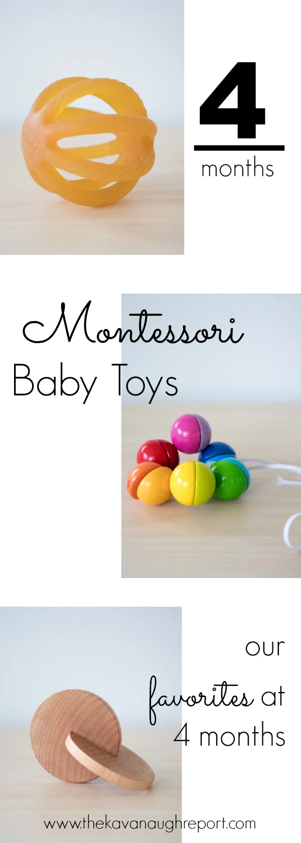 Montessori baby toys at 4-months-old. These Montessori friendly materials are engaging for young infants and provide sensory experiences.