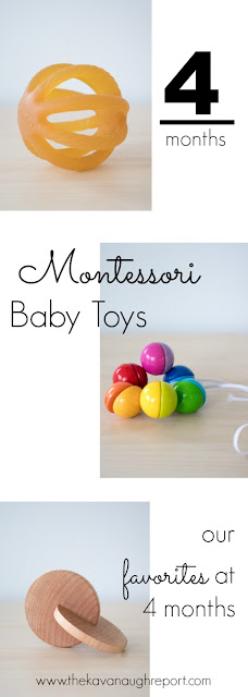 Montessori baby toys at 4-months-old. These Montessori friendly materials are engaging for young infants and provide sensory experiences. 