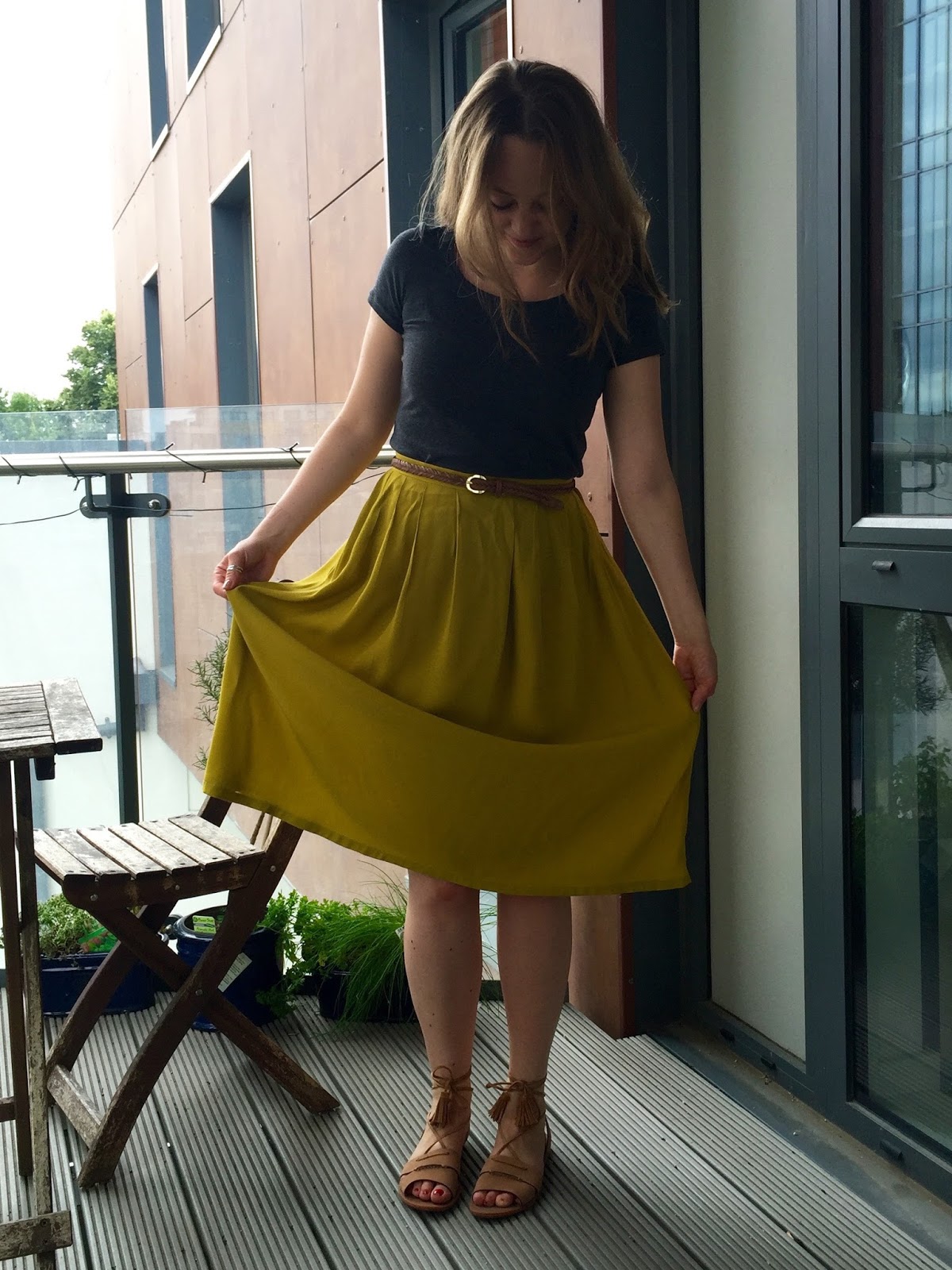 Diary of a Chain Stitcher Mustard Rayon Midi Skirt & Charcoal Renfrew Tee