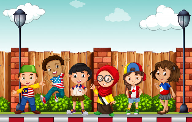 Many children standing on pavement Free Vector