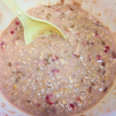 oatmeal with flaxseed, cinnamon, nutmeg, salt, fresh raspberries and Crofters Blueberry Spread