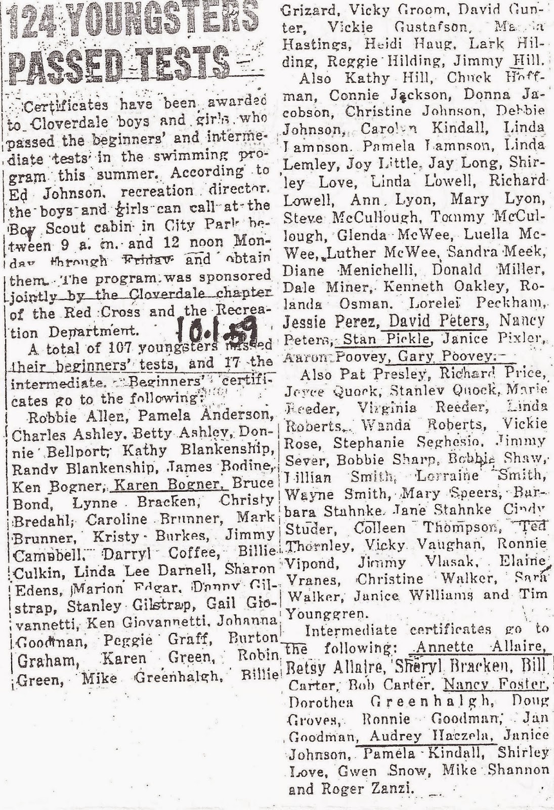 Cloverdale High School Class of 1965 Swimming