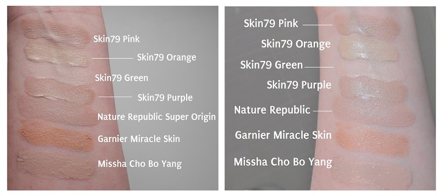 Swatches piel clara BB Cream comparativa skin79 Missha Nature Republic Garnier