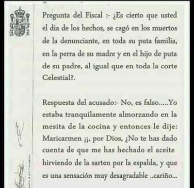 Pregunta del fiscal ,     es cierto que usted el día de los hechos, se cagó en los muertos de la denunciante, en toda su puta familia, en la perra de su madre, en el hijo de puta de su padre, al igual que en toda la corte celestial ? 