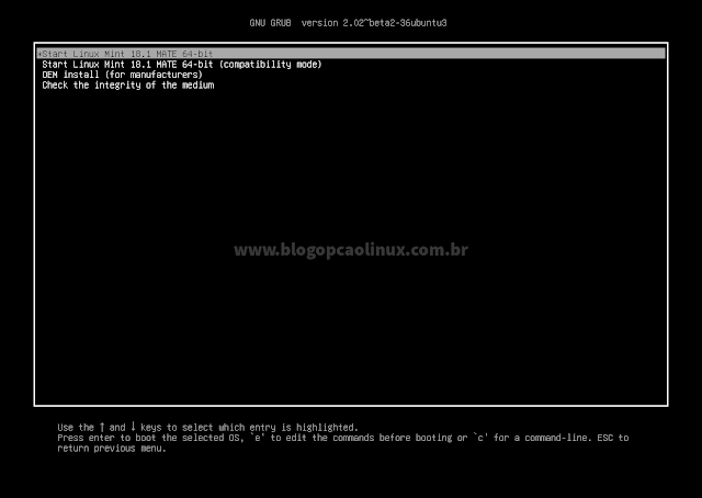 Tela de boot da mídia de instalação do Linux Mint 18 em sistemas UEFI