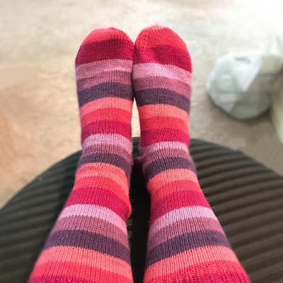 Socks with with self striping yarn.